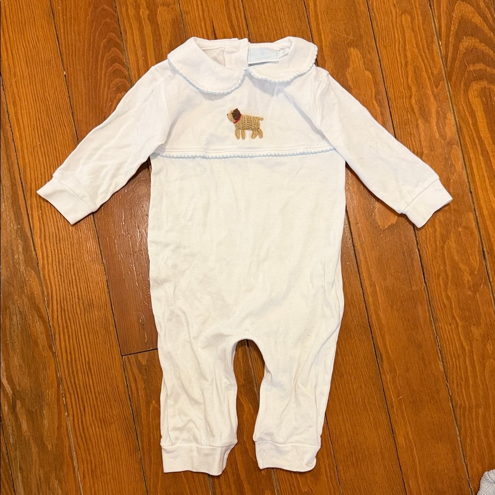 Little English White One-Piece Bodysuit with Embroidered Puppy and Blue Trim